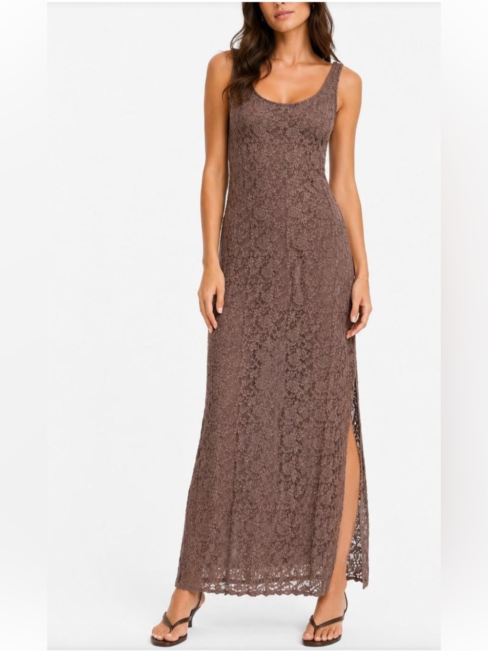 Bebe Marseille Lace Square Neck Tank Dress Chocolate Brown -size Small